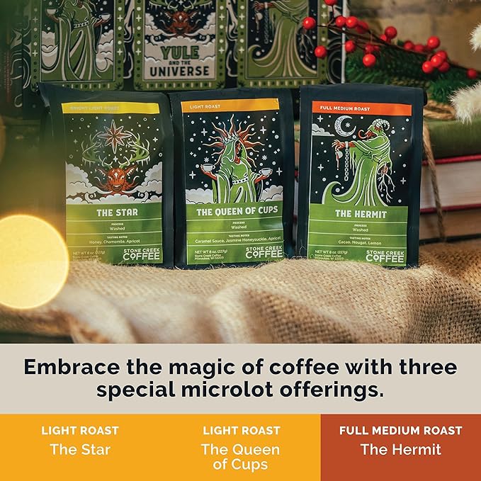 Stone Creek Coffee Yule and the Universe Box (Medium and Light Roast, 8 Oz) – Whole Bean Coffee Sampler Holiday Limited-Edition Gift Set, Uplifting and Deep Roasted Coffee Beans