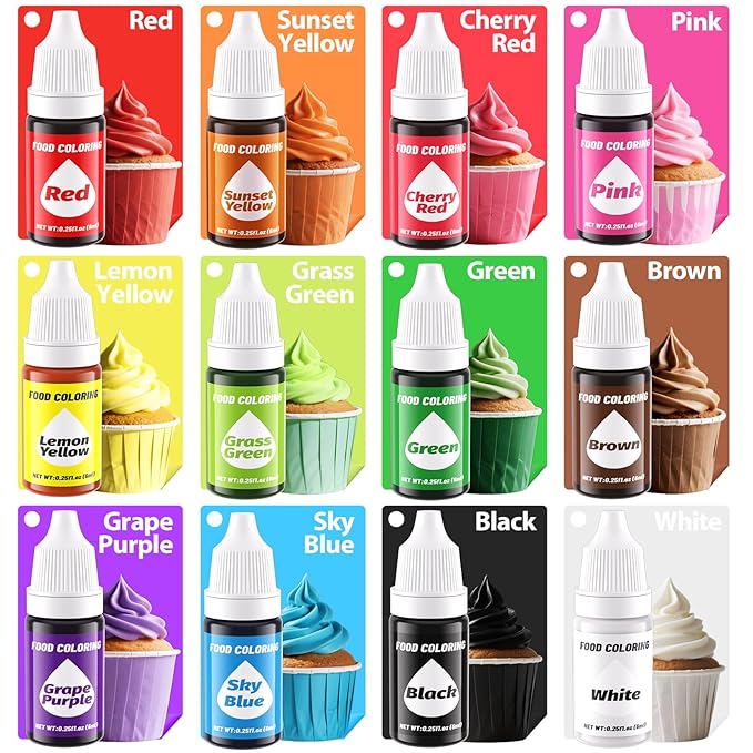 12 Color Gel Food Coloring Liquid Set-KATSPRO Food Grade Tasteless Vibrant Kids Food Coloring Dye for Baking Icing Cake Decorating Cookie Fondant, Frosting, Cookies, Christmas Baking, Easter Egg and DIY Supplies Kit - 0.25 Fl.oz(6ml)/Bottles