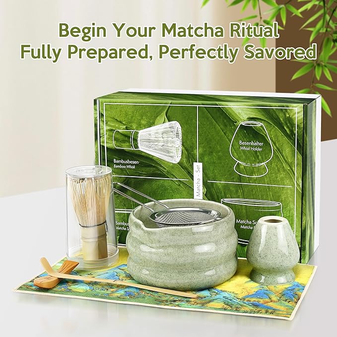 Matcha Whisk Set, 7 PCS Matcha Kit for Tea Ceremony, Matcha Whisk and Holder, Ceramic Matcha Bowl with Spout, Bamboo Scoop, Scoop Holder, Stainless Matcha Sifter and Tea Towel