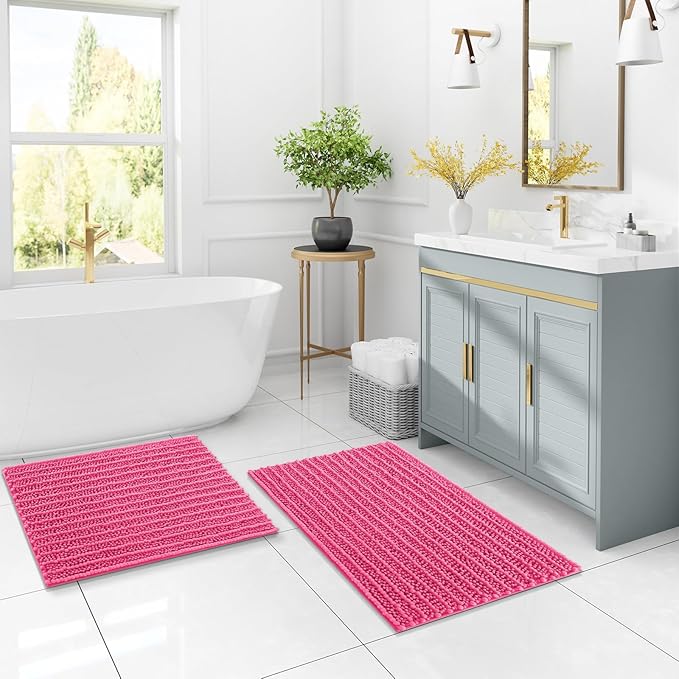 Arotive Luxury Chenille Bathroom Rug Mat, Extra Soft Thick Absorbent Shaggy Bath Rugs, Non-Slip Machine Wash Dry, Plush Bath Mats for Bathroom, Shower and Tub, 34x21, Deep Pink