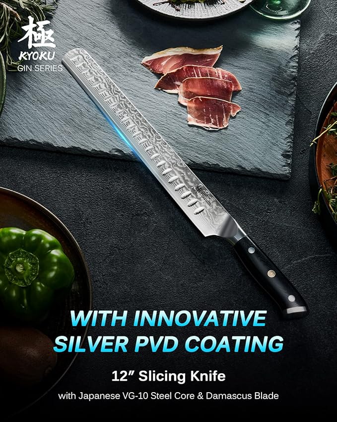 KYOKU Gin Series 12" Brisket Slicing Knife, Meat Carving Knife with Silver PVD Coating Mosaic Pin Handle for Professional Chef & Home Cook, Japanese VG10 Steel Slicer for Meat Fruit Vegetables