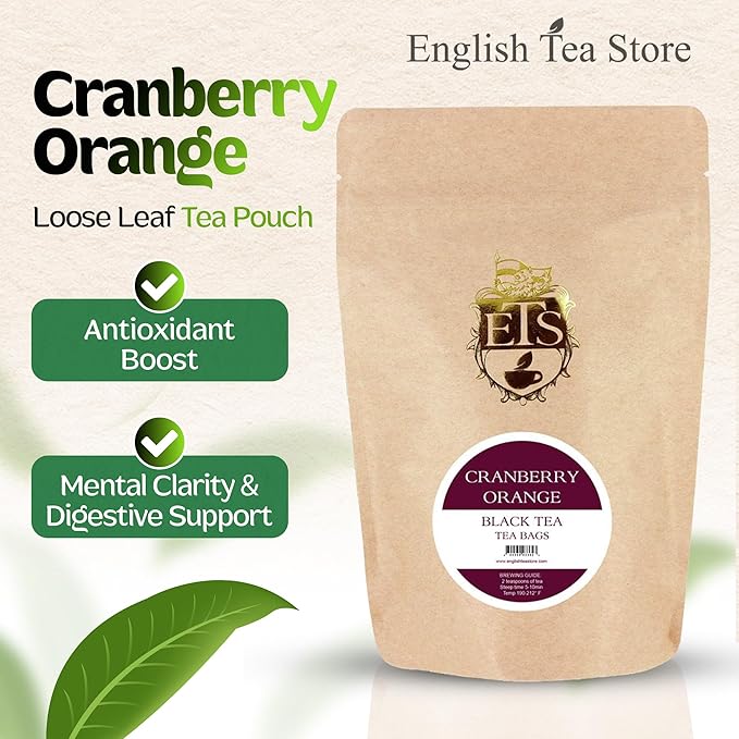 English Tea Store - Cranberry Orange Flavored Black Tea | Tart Cranberry & Sweet Citrus Blend | Natural Fruit Infused | Small Batch Crafted | 25 Teabags Pouch | No Strings or Tags