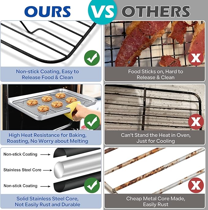 TeamFar Cooling Rack Set of 4, Stainless Steel Black Non-Stick Coated Various Size Wire Baking Roasting Rack for Baking Sheet Toaster Oven Pan, Non-Toxic & Non-Stick, Heavy Duty & Easy Clean