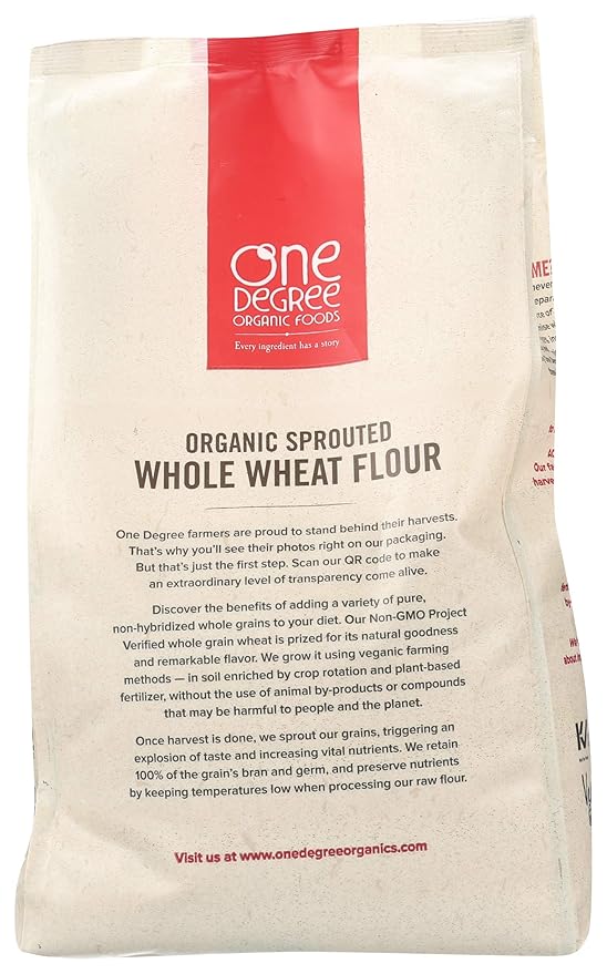 One Degree Organic Foods Sprouted Whole Wheat Flour, Certified Non-GMO & Vegan Flour for Baking, Plant Based & Organic Bread Flour (4 Pack, 80 Oz. Each)