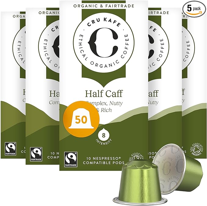 Cru Kafe USDA Organic Half Caff Espresso Coffee Capsules (50 Pods) Fairtrade Coffee Pods Compatible with Nespresso Original Line and Pixie Machines