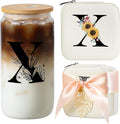 AYGXU Personalized gifts for bridesmaid,16oz glass cups with lids and straws,Jewelry Organizer,Graduation Travel Gifts for Women,Personalized Travel Mini Jewelry Case,Initial X white