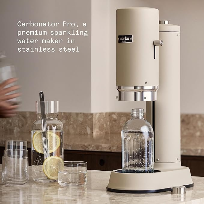 Aarke Carbonator Pro, Sparkling & Carbonation Water Machine, Stainless Steel with Glass Reusable Bottle Volume 800 mL/27 fl oz (Sand)