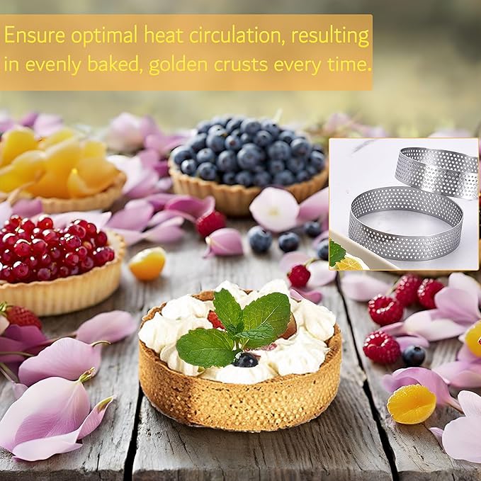 8Packs Perforated Tart Rings 4 Inch Stainless Steel Perforated Cake Rings, Round Tart Ring Molds for Cookies, fruit tarts, Prevent Soggy Crust & Even Baking