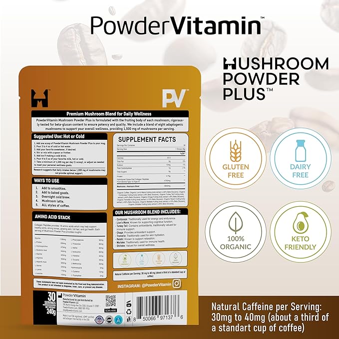 PowderVitamin Organic Mushroom Coffee Certified Mold & Mycotoxin-Free GrassFed Collagen Types I & III 8 Fruiting Body Mushrooms Tested for Beta-Glucans Focus Energy Digestion & Immunity 30 Servings