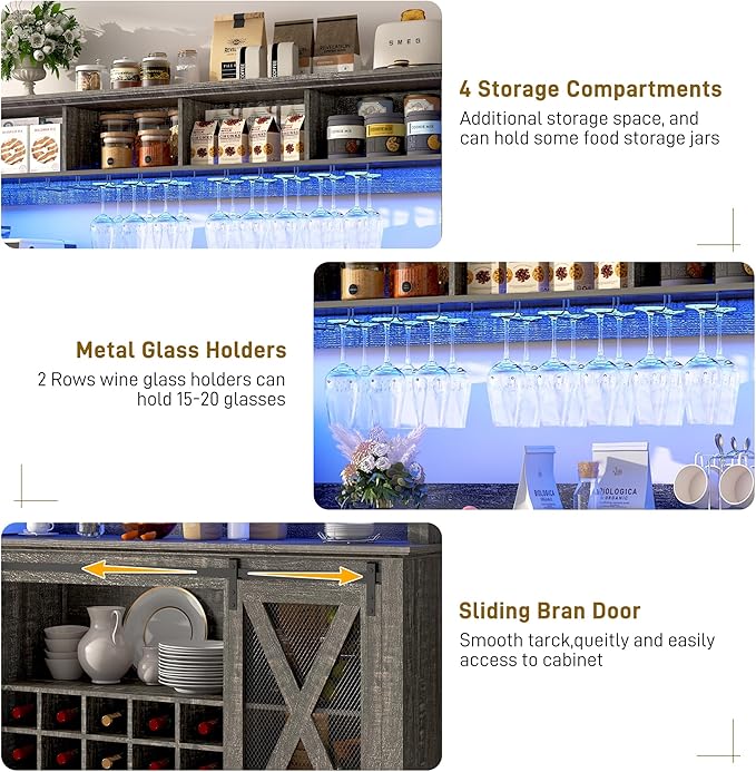 63"W Farmhouse Coffee Bar Cabinet with LED Light,Wine Bar Cabinet w/ 4 Tier Storage Hutch,Kitchen Buffet Cabinet w/Sliding Barn Door & 15 Wine and Glass Racks for Kitchen Dining Room(Dark Rustic Oak)
