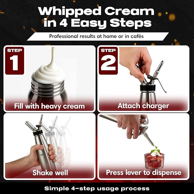 Chef Master (1 Pint / 0.5 Liter) Stainless Steel Whipped Cream Dispenser - Decorating Tips for Desserts, Latte + Cleaning Brush - Whip Cream Dispenser Canister for Home, Bakery or Restaurant - 90078