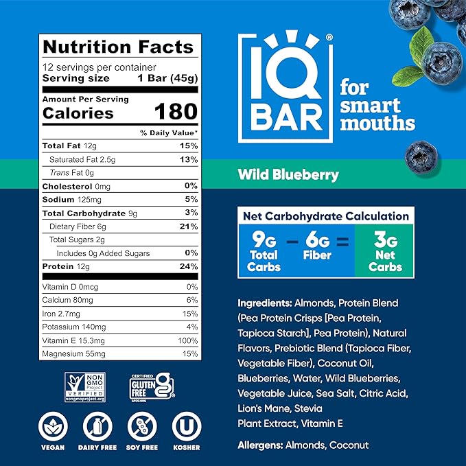 IQBAR Brain and Body Plant Protein Bars - Wild Blueberry - 24-Count - Keto, Vegan, Low Carb, High Fiber, Gluten Free, Dairy Free, Low Sugar Snack with Nutrients for Focus, Energy, Meal Replacement