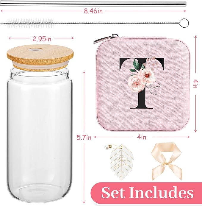 AYGXU Birthday Gifts for Women,Travel Gifts for Teen Girls,Thanksgiving gifts for women,Valentines Gifts,Graduation Gifts for Her,glass cup with bamboo lid and straw,Initial T pink