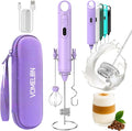 Rechargeable Milk Frother Handheld 3 Speed Coffee Foamer [3 Whisk] Electric Drink Mixer for Latte, Cappuccino, Coffee, Eggs, Hot Chocolate, Purple
