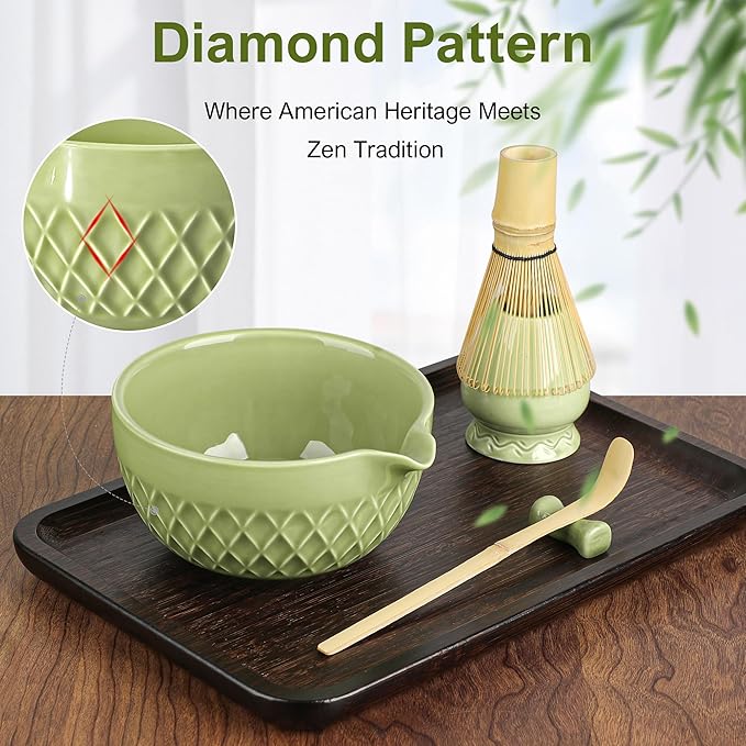 Matcha Whisk Set, 7 Pcs Matcha Kit, Ceramic Matcha Set Includes Matcha Bowl with Spout, Matcha Whisk and Holder, Bamboo Scoop, Scoop Rest, Sifter and Tea Towel (Matcha Green)