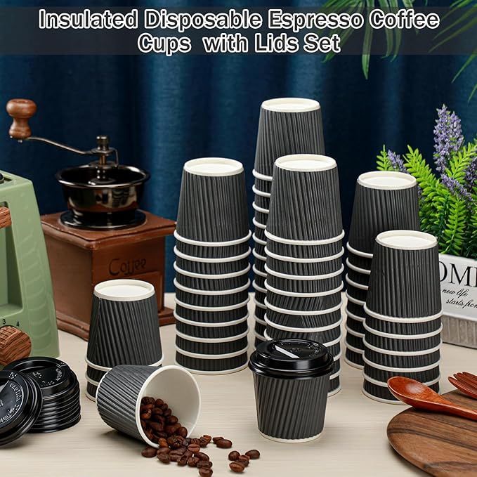Uiifan 100 Set 4oz Disposable Espresso Cups with Lids Ripple Corrugated Paper Disposable Coffee Insulated Hot Ripple Cups for hot Chocolate, Tea, and Cocoa Drinks(Gray)