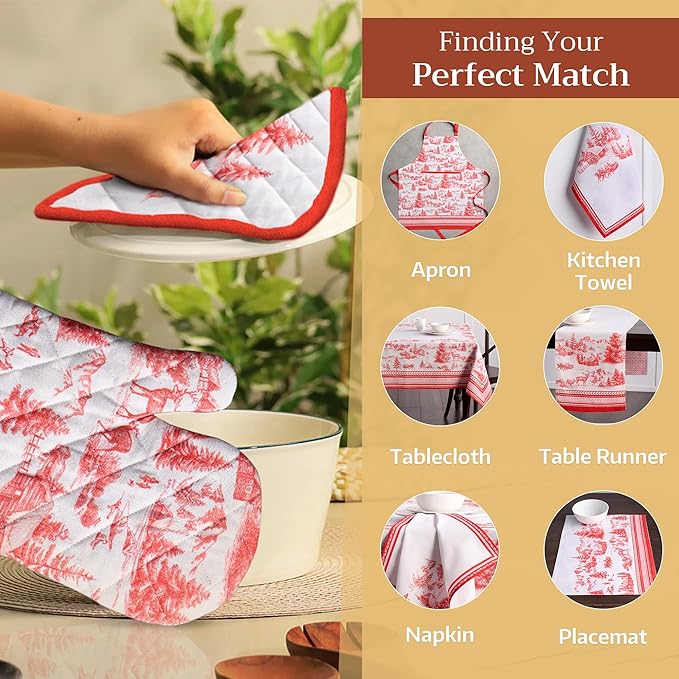 Maison d' Hermine 100% Cotton Oven Mitt & Pot Holder Set (7.5"x13" & 8"x8") Heat Resistant BBQ Cooking Gloves with Loop, Baking, Grilling, Kitchen, Handling Hot Pans (Winter Jouy)