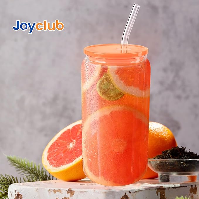 Joyclub 8pcs Glass Cups with Acrylic Lids and Straws 16 oz Can Shaped Glass Iced Coffee Cups with Lids and Straws, Cute Tumbler Cup Drinking Glasses for Smoothie Whiskey Boba Soda Tea Gift