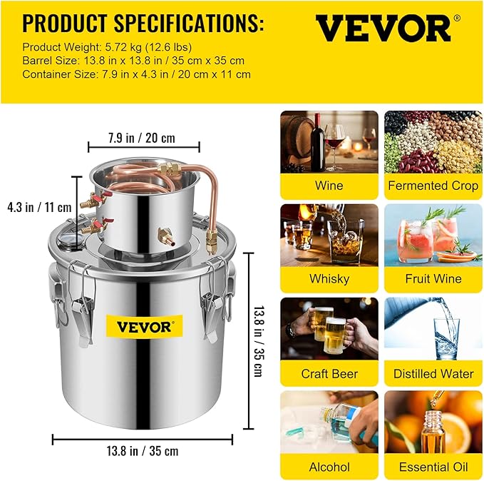 VEVOR Alcohol Still 8Gal/30L Alcohol Distiller Stainless Steel Distillery Kit for Alcohol With Copper Tube & Pump Home Brewing Kit Build-in Thermometer for DIY Whisky Wine Brandy