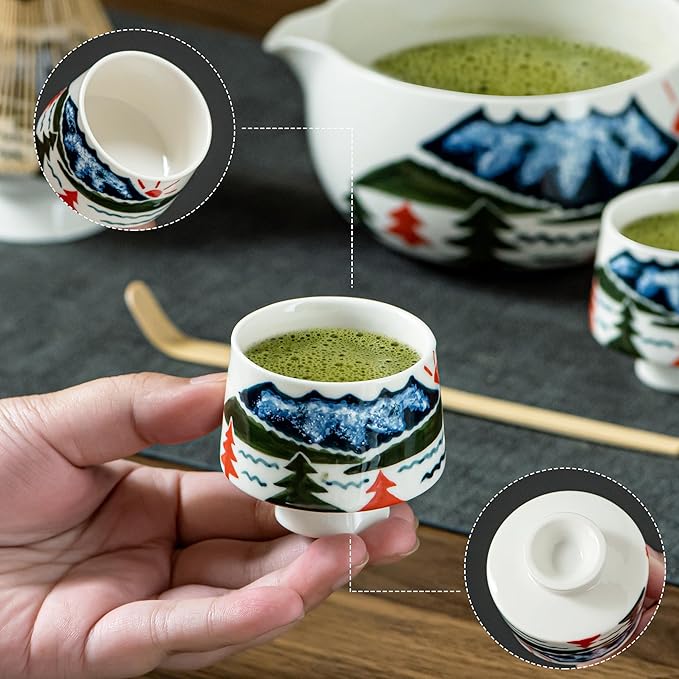 Fuji Mountain Matcha Bowl Set – 6-Pcs Hand-Painted Scenic Japanese Tea Ceremony Kit | Matcha Bowl with Spout, 2 Cups, Bamboo Whisk, Scoop & Whisk Holder | Gift for Tea Ceremony Lovers