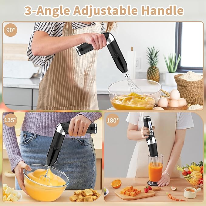 Cordless Immersion Blender Handheld: 3-in-1 Rechargeable Electric Hand Blender Stick, 21-Speeds & 3-Angle Adjustable with 700ml Beaker, Egg Whisk and Beater for Smoothies, Soup,Puree,Baby Food (Black)