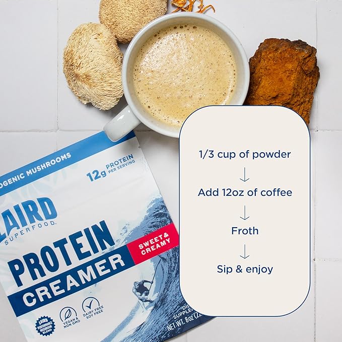 Laird Superfood Non-Dairy Protein Creamer, Sweet & Creamy + Adaptogens, Superfood Creamer with Functional Mushrooms, 12g Protein Per Serving, 8oz Bag