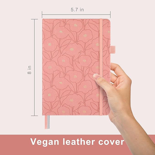 &And Per Se Dotted Journal Notebook for Women&Men with Pattern, A5 Leather Hardcover, 160 Pages 100GSM Thick Dotted Paper, 3 Sheets of Stickers Included(Peach Pink)