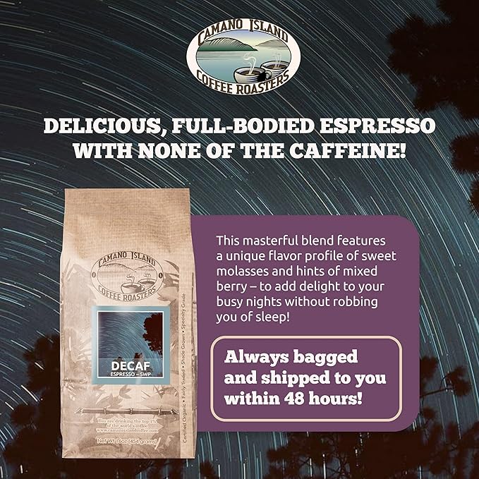 Camano Island Coffee Roasters Decaf Espresso Blend, Whole Bean 1lb, Fresh Dark Roast Swiss Water Processed, USDA Organic, Fairly Traded, Shade Grown Top 1% Arabica, Sweet Molasses, Mixed Berry Flavor
