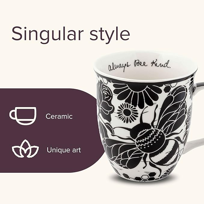Karma Gifts 16 oz Black and White Boho Mug Bee - Cute Coffee and Tea Mug - Ceramic Coffee Mugs for Women and Men, 1 Count (Pack of 1)