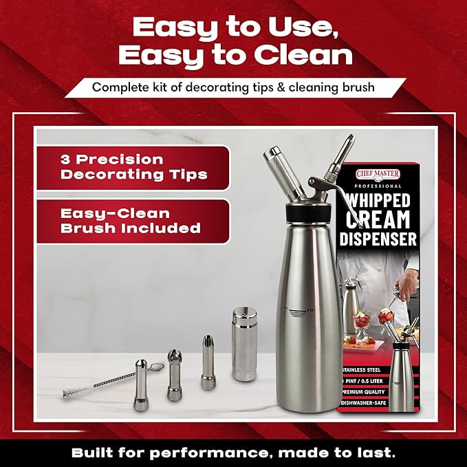Chef Master (1 Pint / 0.5 Liter) Stainless Steel Whipped Cream Dispenser - Decorating Tips for Desserts, Latte + Cleaning Brush - Whip Cream Dispenser Canister for Home, Bakery or Restaurant - 90078