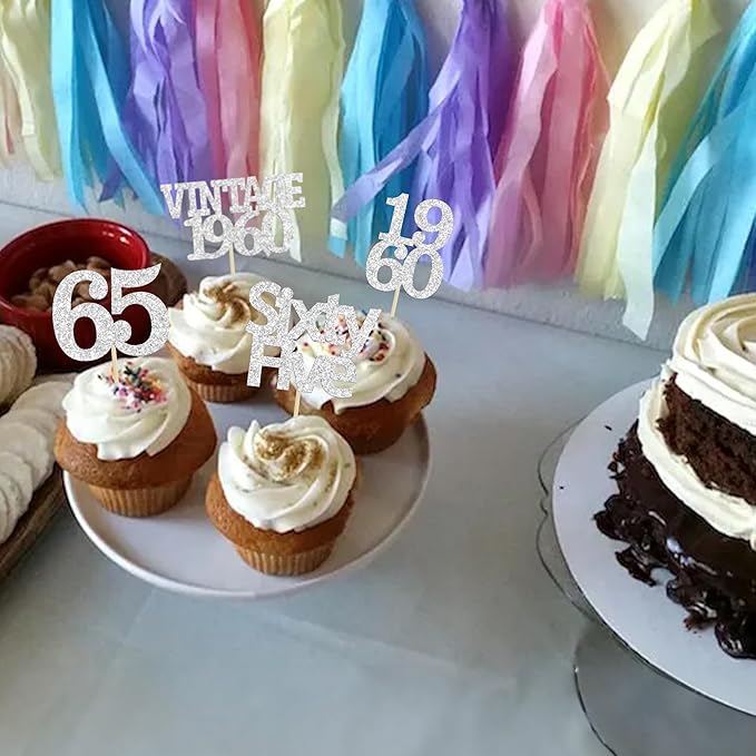 Gyufise 24Pcs 65th Birthday Cupcake Toppers Glitter Cheers to 65 Fabulous Sixty Five Vintage 1960 Cupcake Picks 65th Birthday Wedding Anniversary Party Cake Decorations Supplies Silver