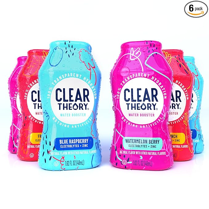 Clear Theory Water Flavoring Drops with Electrolytes, Water Enhancer Liquid Flavored Water Drink Mix, Hydration for Kids, Vegan, Gluten Free, Low Calorie, 6 Pack (Fruit Punch, Blue Raspberry & Watermelon Berry)
