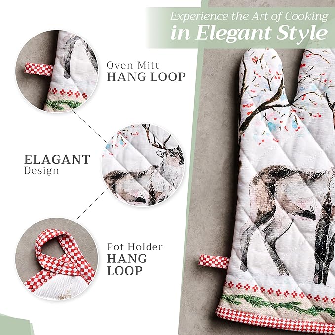 Maison d' Hermine 100% Cotton Oven Mitt & Pot Holder Set (7.5"x13" & 8"x8") Heat Resistant BBQ Cooking Gloves with Loop, Baking, Grilling, Kitchen, Handling Hot Pans (Rural Christmas)