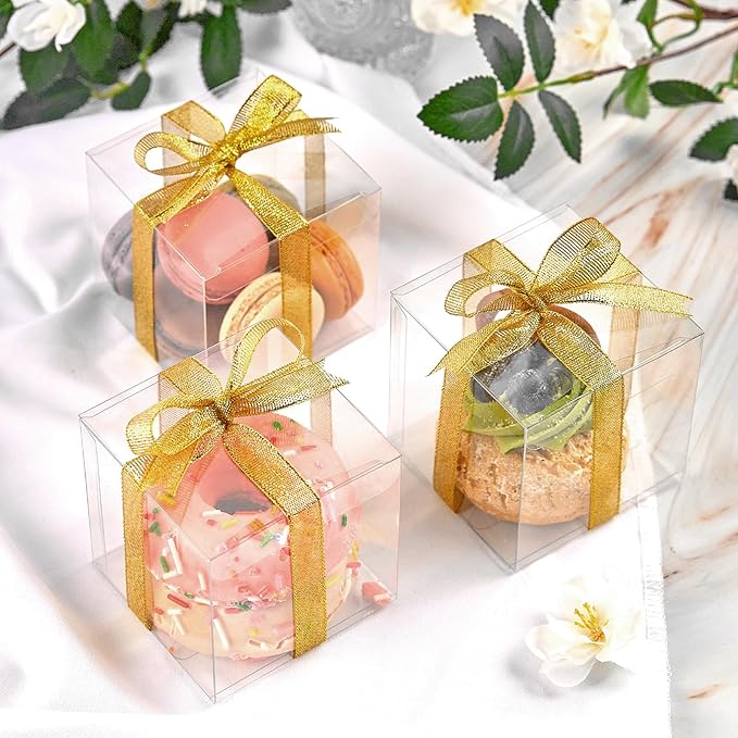 JOERSH 3x3x3 Inches Clear Favor Boxes for with Gold Gift Ribbons 30 PCS Transparent Plastic 3 Inch Mini Cube Gift Packaging Box for Party favors, Treats and Minigifts