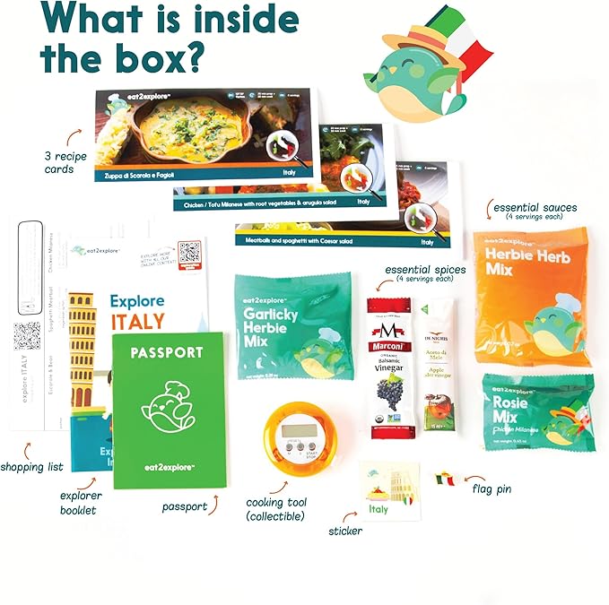 eat2explore Cooking Kits for Kids – Interactive & Educational Kids Cooking Sets Real for Ages 5 and Up,3 Recipe Cards & Global Ingredients – Fun Gift for Young Chefs (Italy Edition)