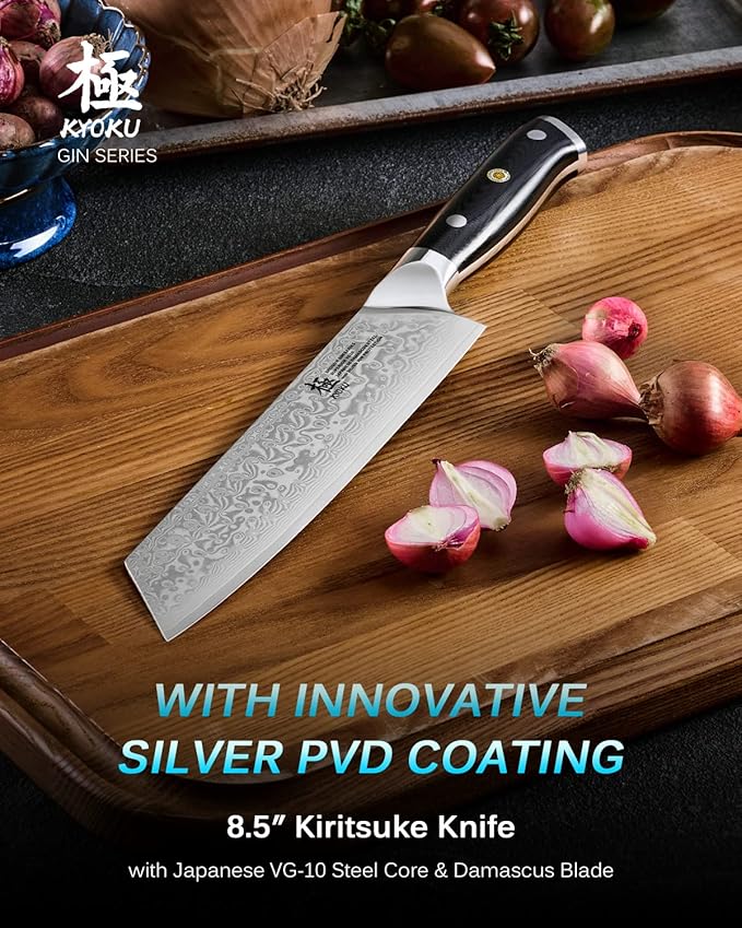 KYOKU Kiritsuke Chef Knife - Gin Series - 8.5" Multipurpose Professional Chef Knife, Japanese VG10 Damascus Stainless Steel Kitchen Knife with Silver Ion Blade G10 Handle Mosaic Pin