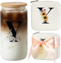 AYGXU Travel Gifts for Women,16oz glass cups with lids and straws,mom birthday gifts,aesthetic cups,coffee cups,travel jewelry case organizer,Travel Essentials Small Jewelry Box,Initial Y white