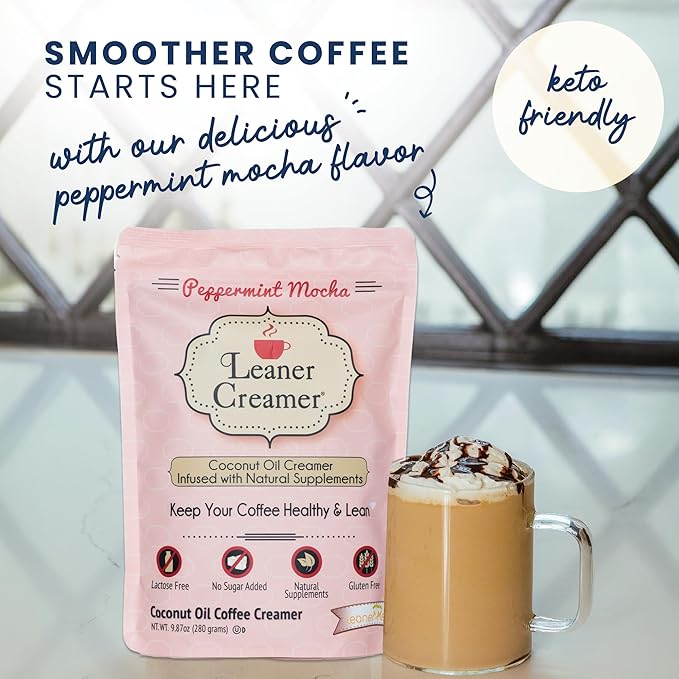 Leaner Creamer Non-Dairy Sugar Free Coffee Creamer Powder. Perfect Coconut Oil Non-Dairy Powder To Naturally Cream and Sweeten Coffee, Smoothies, Protein Shakes & More! Ideal Flavoring For All Diets 9.87 oz Pouch PEPPERMINT MOCHA