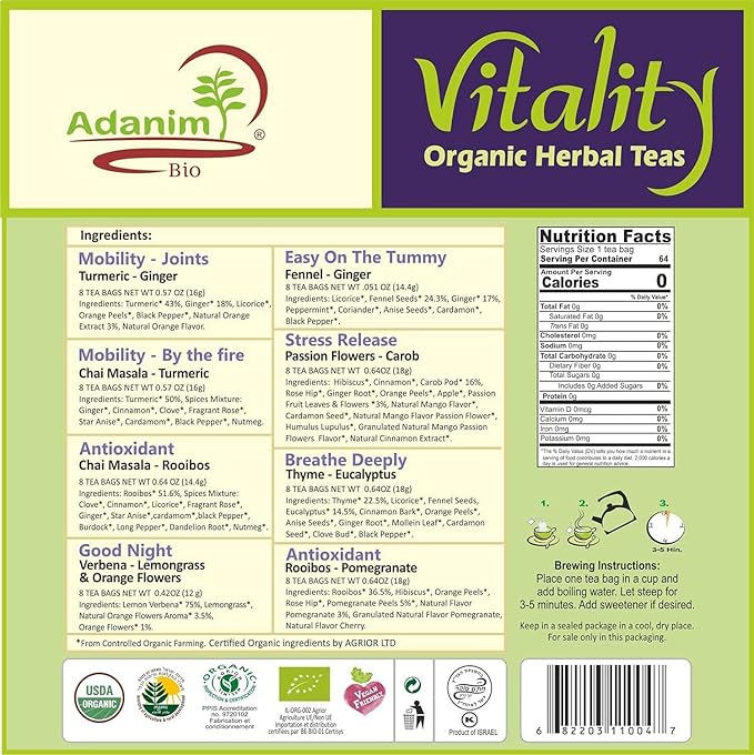 Adanim Bio Vitality Organic Tea Sampler Gift Set Box (8 Flavors Herbal Tea Variety Pack, 64 Individual Tea Bags) Caffeine Free Tea Sets, Assorted Tea Set, Tea Gifts for Tea Lovers