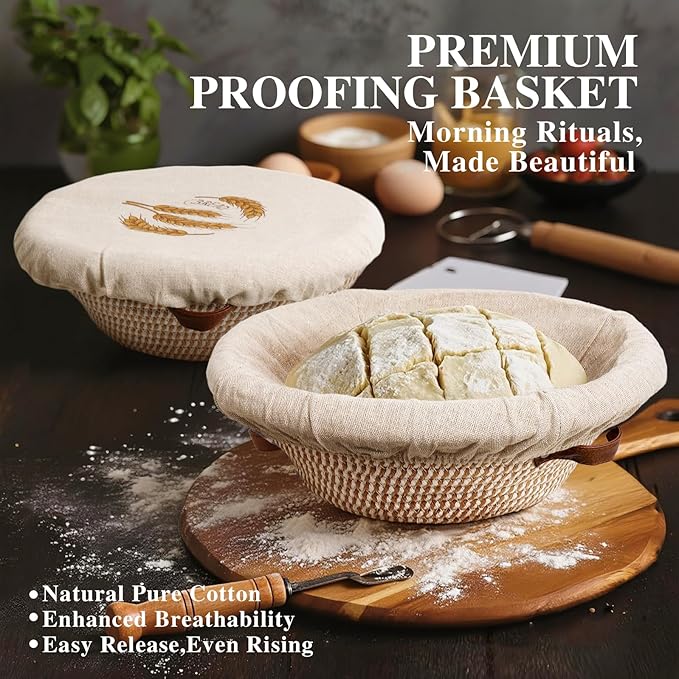12 Inch Large Cotton Rope Banneton Bread Proofing Basket Set, 2 Pack Round Sourdough Bread Baking Supplies with Liners & Covers for Artisan Bread Baking