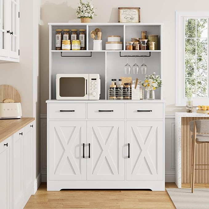 HOSTACK Buffet Cabinet with Hutch, Modern Farmhouse Kitchen Buffet Sideboard Storage with 3 Drawers, Barn Door Coffee Bar Station, Liquor Cabinet for Dining Room, Living Room, White