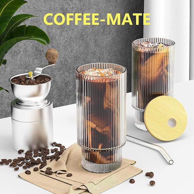 16OZ Ribbed Glass Cups with Lids and Straws 4 Set, Vintage Glassware for Whiskey Cocktail Beer, Iced Coffee Cups with Lid, Glass Tumbler with Straw and Lid (4 PACK)