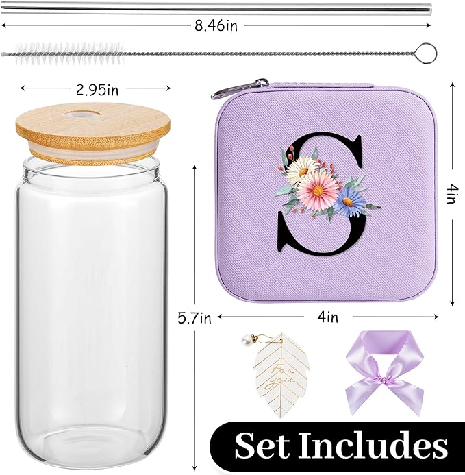 AYGXU Initial glass cups with lids and straws,personalized gifts for women,iced coffee cups,travel jewelry case organizer,small jewelry travel case,jewelry box for girls.Initial S purple