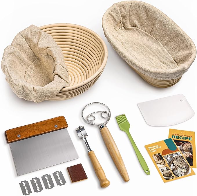 RORECAY Bread Banneton Proofing Basket Set, 9 Inch Round & 10 Inch Oval Cane Sourdough Baskets with Dough Whisk Bread Lame Dough Scraper Bowl Scraper Silicone Brush Sourdough Bread Baking Supplies