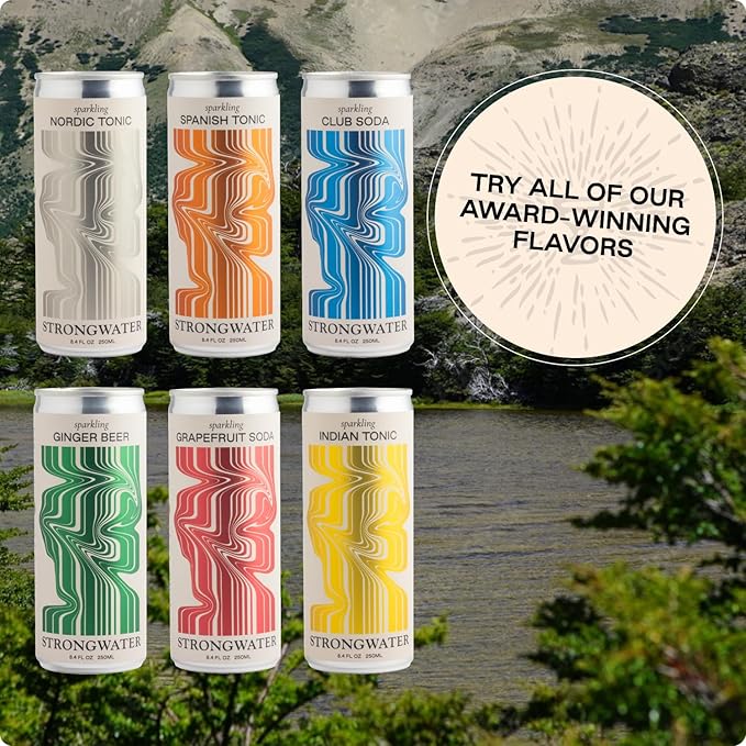 Strongwater Sparkling Indian Tonic Water - 12 Pack Cans (8.4 Fl Oz Each) - Premium Mixer with Quinine, Rocky Mountain Water & Botanicals - No Added Preservatives, Zero Sugar
