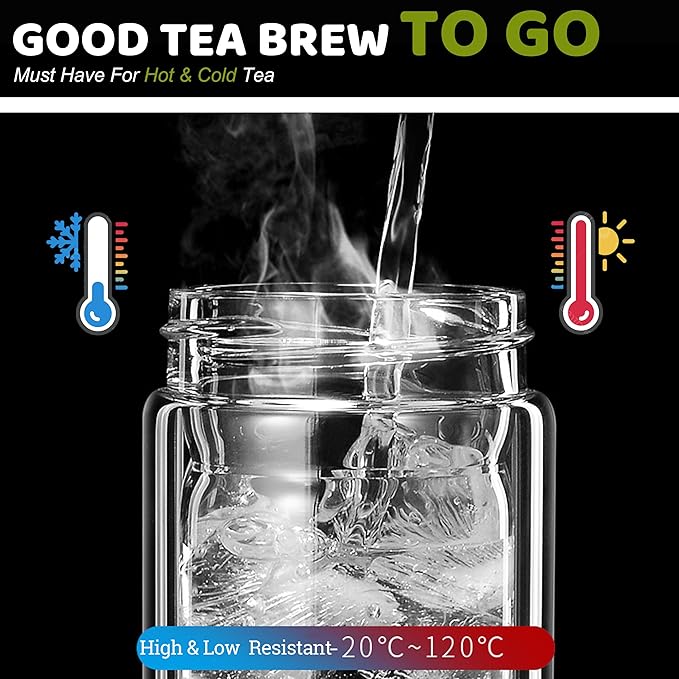 Tea Tumbler with Infuser, 34oz Tea Bottle with 2 in1 Infuser, Large Double Wall Borosilicate Glass Tea Bottle 100% Leak-Proof with Stainless Steel Filter