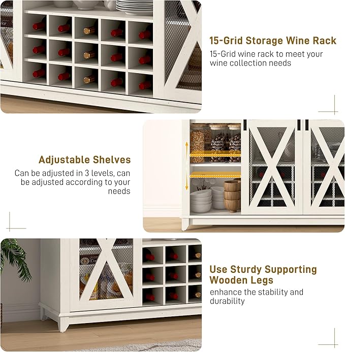 63"W Farmhouse Coffee Bar Cabinet with LED Light,Wine Bar Cabinet w/ 4 Tier Storage Hutch,Kitchen Buffet Cabinet w/Sliding Barn Door & 15 Wine and Glass Racks for Kitchen Dining Room(Antique White)