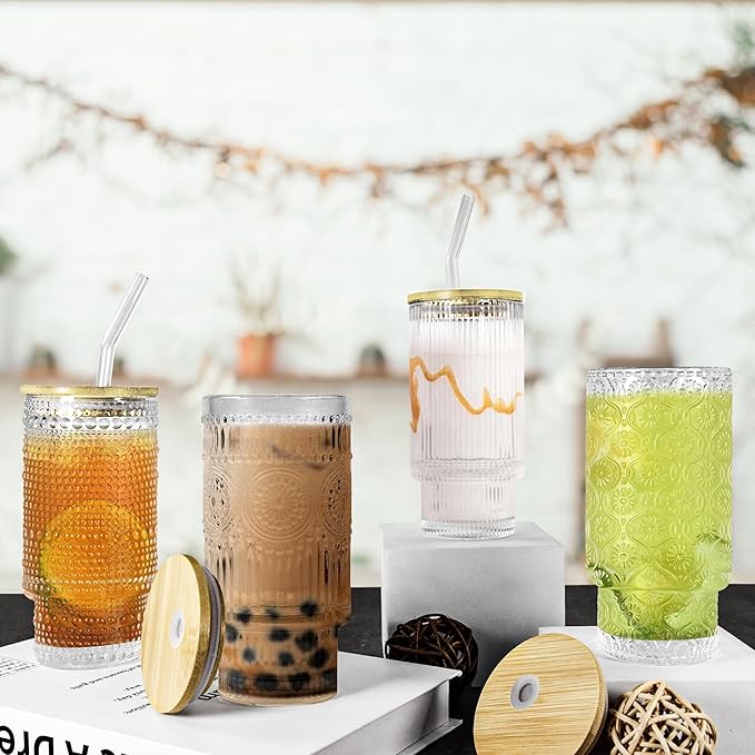16oz Drinking Glasses Cups Set of 2 with Bamboo Lids Straws Brush Vintage Glassware Set for Mojito Iced Coffee Beer Cocktail Whiskey(Ribbed & Hobnail)