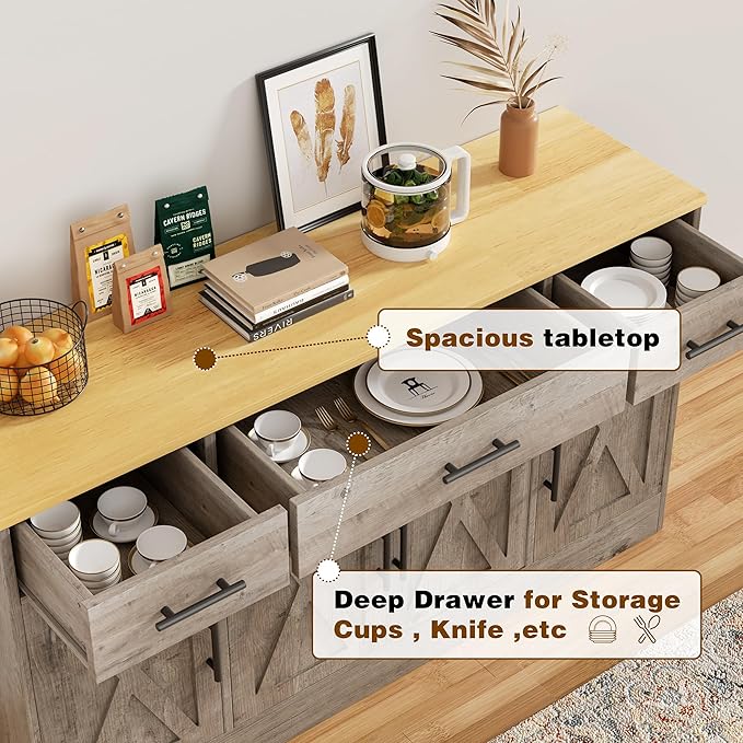 Vongrasig 53" Large Sideboard Buffet Cabinet With 4 Doors and 3 Drawers, Farmhouse Coffee Bar Kitchen Storage Cabinet, Wood Table for Kitchen, Dining Room, Ash Grey