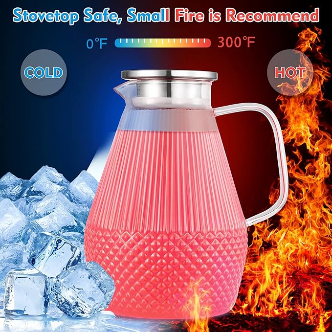 Glass Pitcher with Lid and Spout, veecom 80oz Water Pitchers for Drinks, Large Glass Jug for Juice, Lemonade, Beverage, Iced Tea Pitcher for Fridge, Heat Resistant Water Carafe with Brush